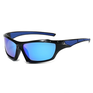 Polarized sports sunglasses with blue mirrored lenses and black streamlined frame for outdoors