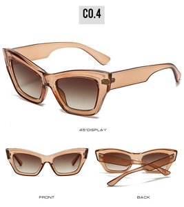 Three-angle view of vintage cat-eye sunglasses with amber frames and gradient lenses