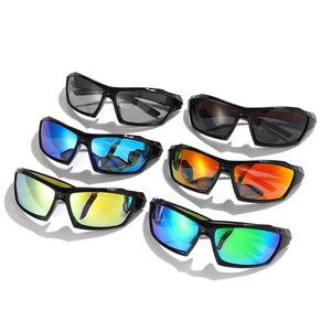 Polarized sports sunglasses set with six colorful mirror lenses and black wraparound frames