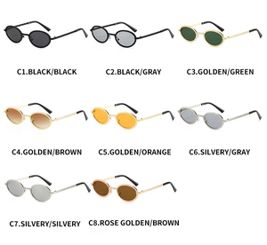 Collection of eight vintage oval sunglasses with metallic frames and diverse tinted lenses