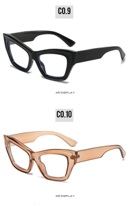 45-degree angle display of black and transparent tea cateye sunglasses frames