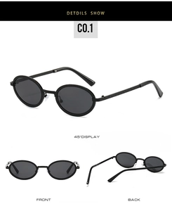 Detailed views of oval black metal sunglasses with textured frame and dark grey lenses