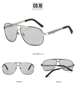 Détails de lunettes d'aviateur en métal argenté avec verres gris polarisés sous trois angles