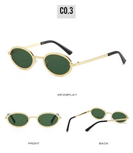 Detailed views of gold textured metal oval sunglasses with dark green lenses and 45° angle