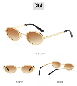Three-angle display of oval metal sunglasses with textured gold frames and gradient lenses