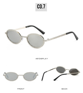 Oval silver metal sunglasses with fine glitter texture and dark grey lenses in three views