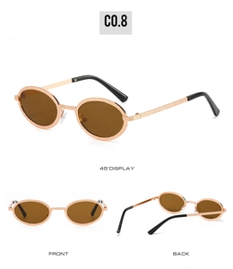 Detailed views of vintage oval metal sunglasses with rose gold glitter frame and brown lenses