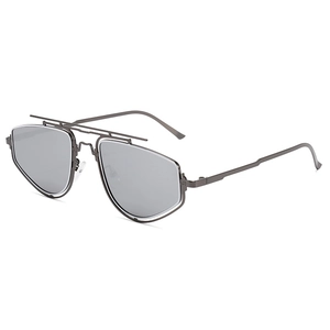 Men's double-bridge geometric sunglasses with dark grey metal frame and tinted lenses