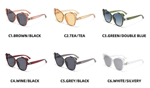 Detailed catalog showing six distinct color variations of trendy cat-eye sunglasses