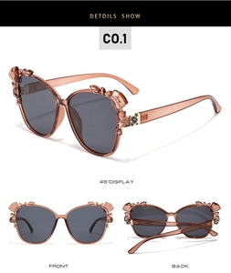 Detailed multi-angle views of oversized cat-eye sunglasses with crystal butterfly accents