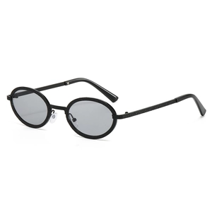 Retro oval metal sunglasses with black matte texture and dark grey lenses for fashion