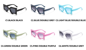 Showcase of irregular polygon sunglasses in six assorted colors and metallic details