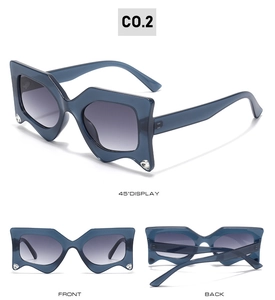 Multiple views of geometric sunglasses with blue-grey frame and gradient lenses