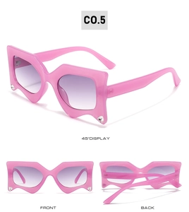 Three-angle view of pink geometric sunglasses with purple gradient lenses and rhinestones