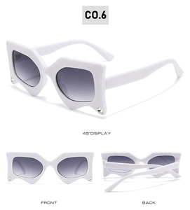 Detailed views of white geometric sunglasses with rhinestone accents and gradient lenses