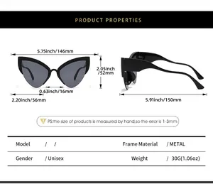 Detailed sizing chart for unisex metal cat-eye sunglasses with precise frame dimensions
