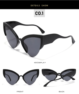 Detail views of cat-eye cycling sunglasses with textured frames from multiple angles