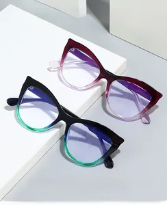 Detail of cat eye glasses frames with anti-blue light coating in gradient color finishes