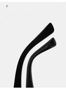 Detail of curved ergonomic temple tips on glossy black fashion sunglasses