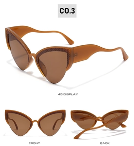 Three-view perspective of brown cat eye sunglasses with snakeskin texture details