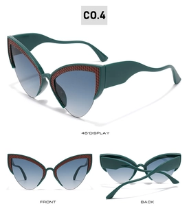 Three-view display of dark green cat-eye cycling sunglasses with brown honeycomb texture