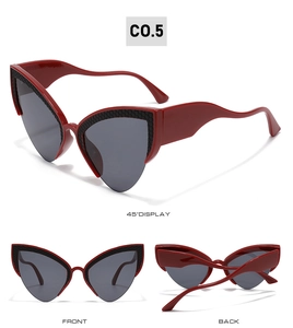 Multi-angle view of red cat-eye sports sunglasses with textured frames and dark lenses