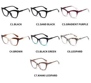 Detailed color options of cat eye glasses frames including leopard and gradient finishes