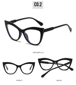 Three-way view of black cat-eye glasses frame showing 45-degree angle, front and back sides