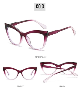 Three-angle views showing cat-eye frame details in purple gradient and hinge structure