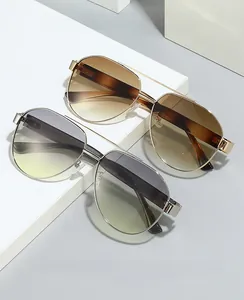 Macro shot of 2024 pilot sunglasses featuring premium metal hinges and gradient lenses