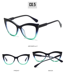 Detailed views of cat-eye glasses frame featuring black to turquoise gradient finish
