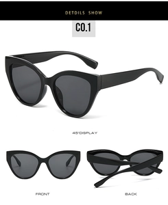 Three-angle display of black cat eye sunglasses showing front, back, and 45-degree views