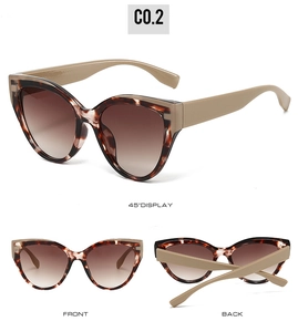 Detailed multi-angle views of brown tortoiseshell cat-eye sunglasses with beige temples