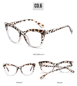 Detailed views of leopard print cat eye frames with transparent lower rim and C0.6 model marking