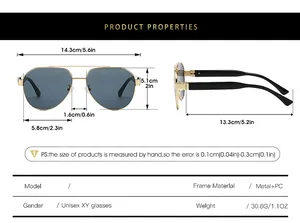 Detailed dimension chart showing frame width and lens height for metal aviator sunglasses