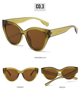 Three-way view of cat eye sunglasses in olive green frame with brown lenses