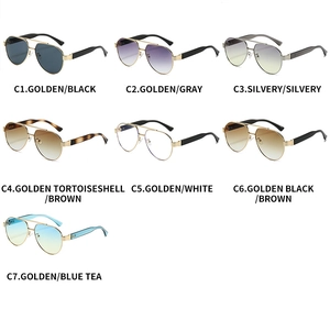 Matrix showing seven classic metal aviator sunglasses with varied frame and lens colors