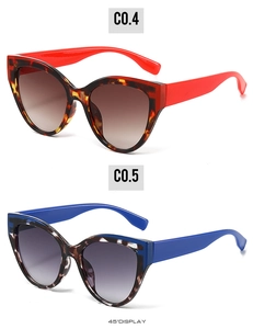 Side view of cat-eye sunglasses in red and blue tortoiseshell patterns with wide temples