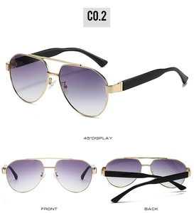 Three views of vintage pilot sunglasses with gold metal frames and purple gradient lenses