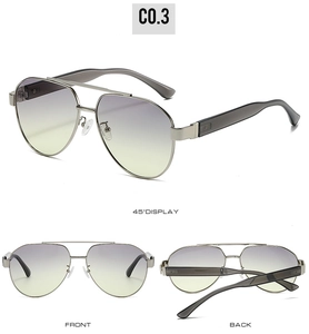 Detail view of silver aviator sunglasses with gradient lenses and dual-bridge metal frame