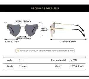 Detailed size chart for heart-shaped metal sunglasses showing dimensions and specifications