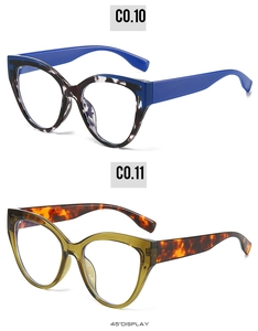 45-degree angle display of stylish cat-eye sunglasses in blue and tortoiseshell frames