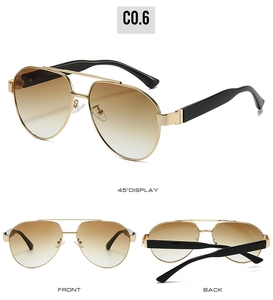 Three views of gold metal aviator sunglasses with brown gradient lenses and double bridge