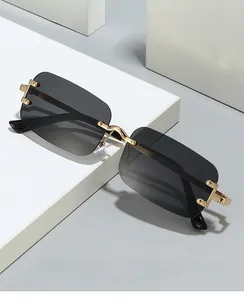 Close-up of rimless gradient rectangle lenses with gold metal rivet hinge details