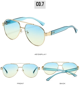 Detailed views of gold aviator sunglasses with blue gradient lenses and clear blue temples