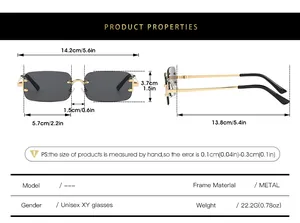 Size chart and specifications for frameless rectangle sunglasses with metal frame