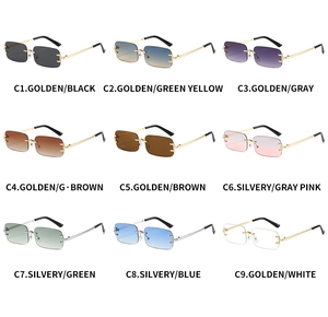 Collection of nine colored rimless rectangle sunglasses with metal frames in various tints