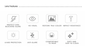 Features of square sunglasses including UV400 protection, HD vision and impact resistance