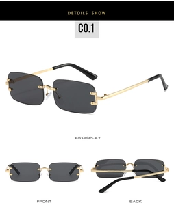 Detailed views of rimless rectangular sunglasses with gold temples and black tips