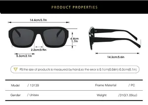 Size chart for square sunglasses showing frame dimensions and technical specifications